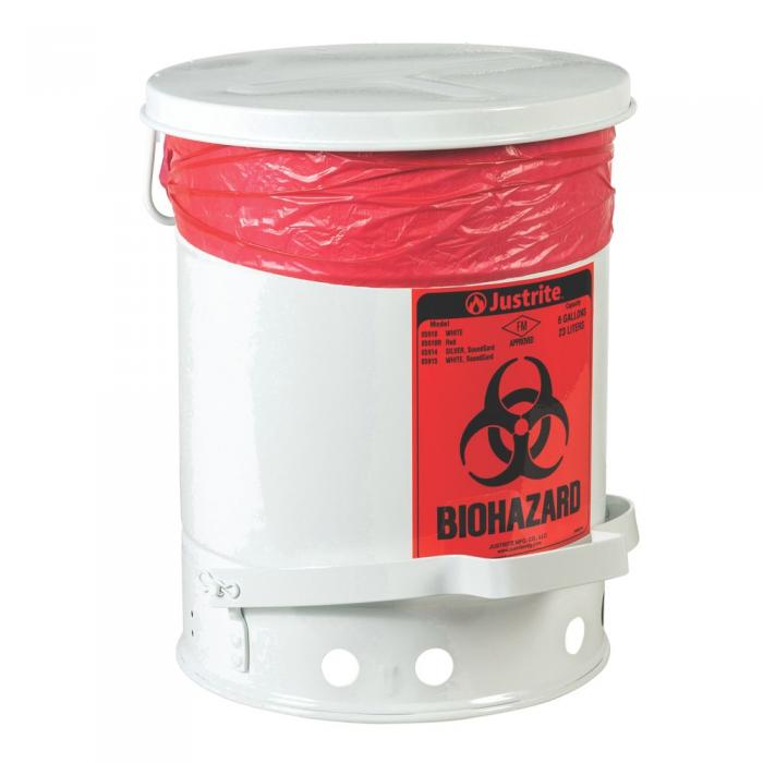 5910-Biohazard Waste Can, 6 Gallon, Foot-Operated Self-Closing Cover, White-Justrite   White